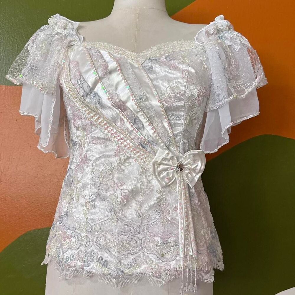 Vintage 80s Fairycore Lace Bow Beaded Sequins Coquette Frilly Top Puff Sleeves